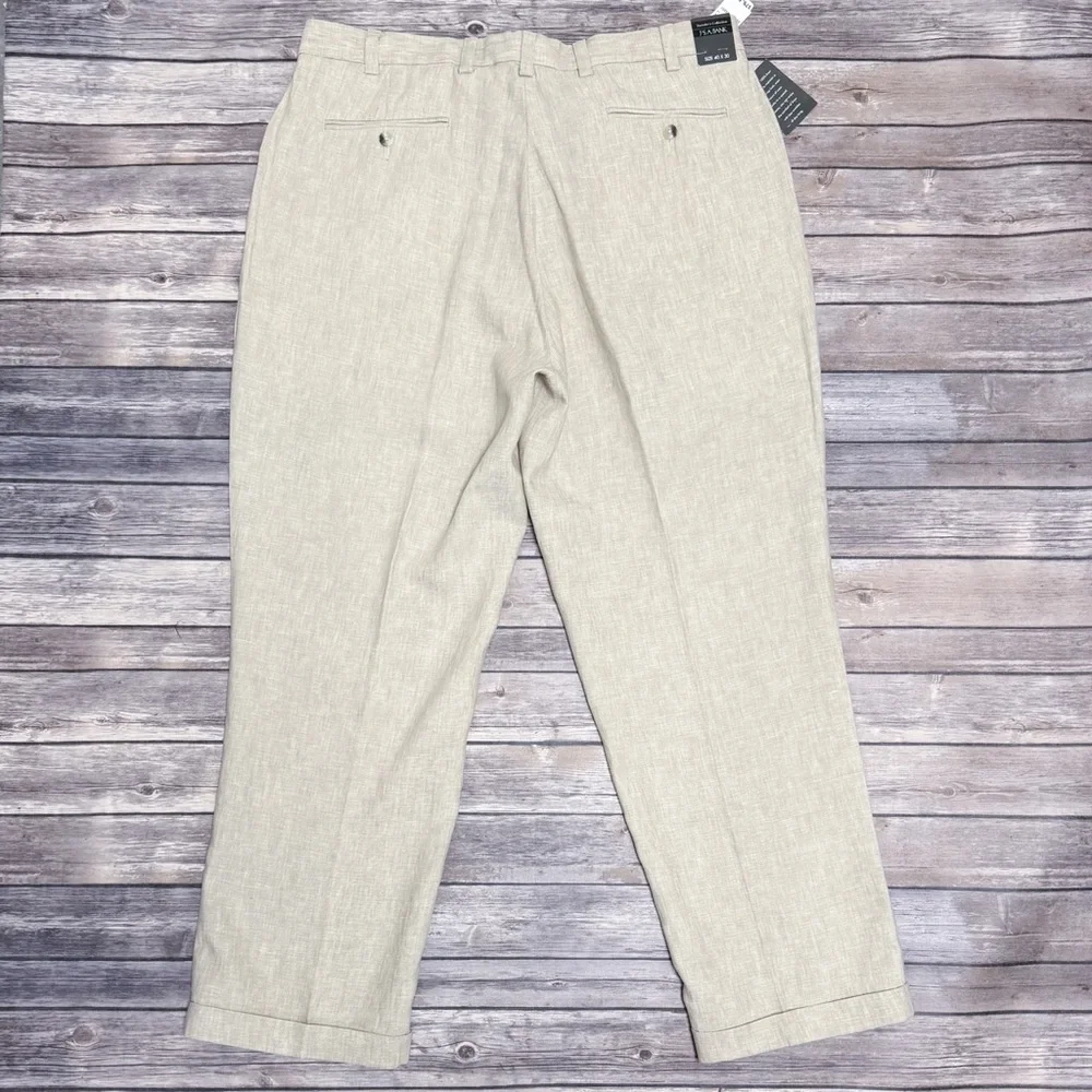 Jos A Bank Beige White Linen Woven Pleated Cuffed Dress Pants New 40 X 30